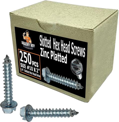 BRAUNY BOY – 2" x #10 – Slotted Hex Head Wood Screw – Zinc Plated – Coarse Thread - Self Tap - ¼" Hex Drive for Wood & Metal – Qty (100) in Kuwait