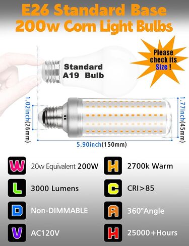 E26/E27 200W Equivalent LED Corn Light Bulb, 20W 3000LM Non Dimmable 6000K Daylight White, Bright High Output E26 Medium Base LED Bulb for Candelabra Ceiling Fan Home Garage Warehouse Indoor,1 Pack in Saudi Arabia
