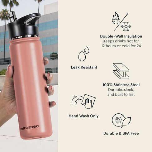Retrospec Alder Insulated Water Bottle with Straw Lid & Handle Cap - Stainless Steel Wide Mouth Double-Wall Vacuum Insulated Thermos - BPA Free Leakproof Canteen in Kuwait