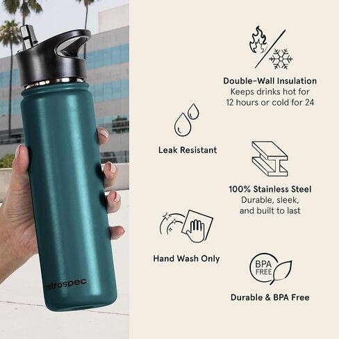 Retrospec Alder Insulated Water Bottle with Straw Lid & Handle Cap - Stainless Steel Wide Mouth Double-Wall Vacuum Insulated Thermos - BPA Free Leakproof Canteen in Kuwait