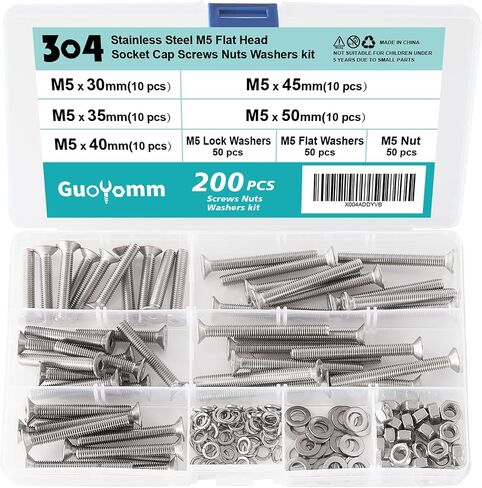 238 PCS M5 x 8mm 10mm 12mm 16mm 18mm 20mm 25mm, Flat Head Hex Socket Cap Screws Countersunk Bolts Washers Nuts Kit, Stainless Steel 304, Metric Allen Hex Drive, Fully Threaded in Saudi Arabia