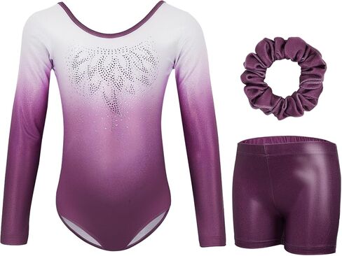 Gogokids Gymnastics Leotards for Girls, Long Sleeve Rhinestone Kids Dance Unitards Biketards with Tumbling Dance Shorts in Saudi Arabia