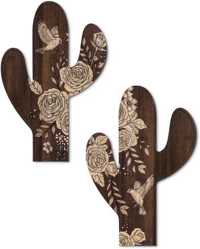 Putuo ديكور 2 قطعة ازتيك الصبار ديكور مزرعة ديكور المنزل الغربي، ديكور الخشب ازتيك ريفي أنماط زهرة الصبار ديكور الجدار لغرفة المعيشة وغرفة النوم والحمام (بني داكن) in Kuwait