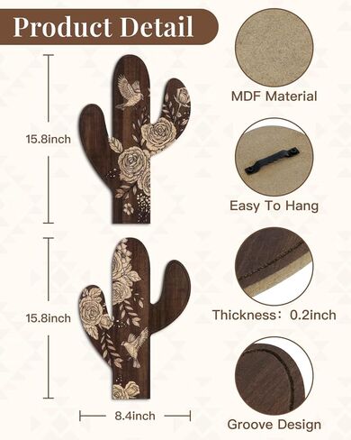 Putuo ديكور 2 قطعة ازتيك الصبار ديكور مزرعة ديكور المنزل الغربي، ديكور الخشب ازتيك ريفي أنماط زهرة الصبار ديكور الجدار لغرفة المعيشة وغرفة النوم والحمام (بني داكن) in Kuwait