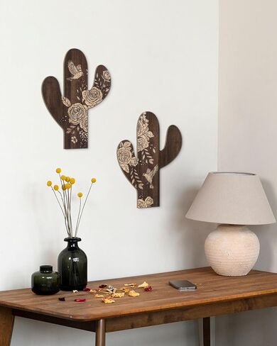 Putuo ديكور 2 قطعة ازتيك الصبار ديكور مزرعة ديكور المنزل الغربي، ديكور الخشب ازتيك ريفي أنماط زهرة الصبار ديكور الجدار لغرفة المعيشة وغرفة النوم والحمام (بني داكن) in Kuwait