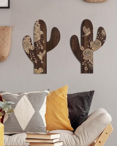 Putuo ديكور 2 قطعة ازتيك الصبار ديكور مزرعة ديكور المنزل الغربي، ديكور الخشب ازتيك ريفي أنماط زهرة الصبار ديكور الجدار لغرفة المعيشة وغرفة النوم والحمام (بني داكن) in Kuwait