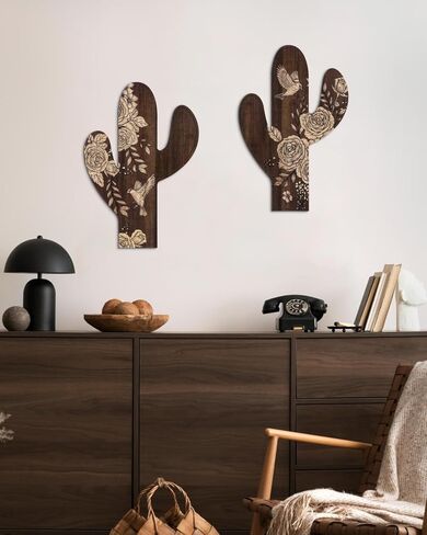 Putuo ديكور 2 قطعة ازتيك الصبار ديكور مزرعة ديكور المنزل الغربي، ديكور الخشب ازتيك ريفي أنماط زهرة الصبار ديكور الجدار لغرفة المعيشة وغرفة النوم والحمام (بني داكن) in Kuwait