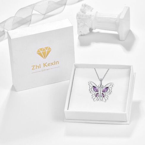 Butterfly Urn Necklace 925 Sterling Silver Amethyst Ashes Necklace for Women Cremation Necklace Memorial Jewelry for Ashes of Loved Ones in Saudi Arabia