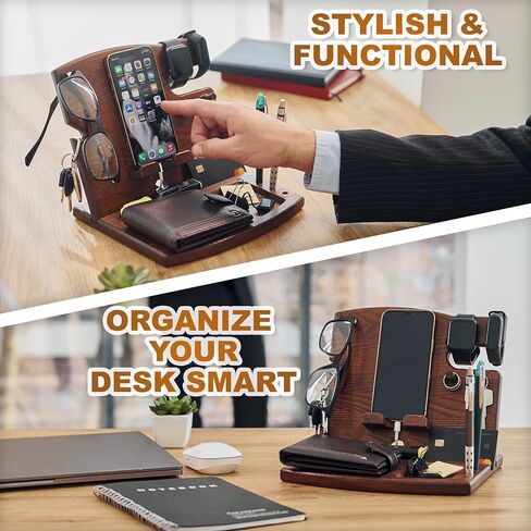 TESLYAR Wood Phone Docking Station Ash Hooks Key Holder Wallet Watch Stand Watch Organizer Men Husband Anniversary Dad Birthday Nightstand Purse Father Graduation Male Travel Gadgets in Saudi Arabia