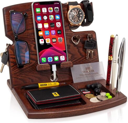 TESLYAR Wood Phone Docking Station Ash Hooks Key Holder Wallet Watch Stand Watch Organizer Men Husband Anniversary Dad Birthday Nightstand Purse Father Graduation Male Travel Gadgets in Kuwait