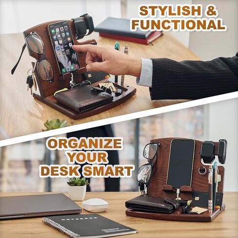 TESLYAR Wood Phone Docking Station Ash Hooks Key Holder Wallet Watch Stand Watch Organizer Men Husband Anniversary Dad Birthday Nightstand Purse Father Graduation Male Travel Gadgets in Kuwait