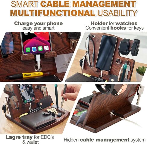 TESLYAR Wood Phone Docking Station Ash Hooks Key Holder Wallet Watch Stand Watch Organizer Men Husband Anniversary Dad Birthday Nightstand Purse Father Graduation Male Travel Gadgets in Kuwait
