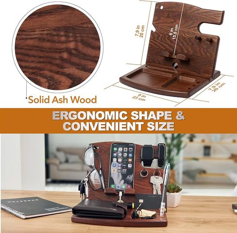 TESLYAR Wood Phone Docking Station Ash Hooks Key Holder Wallet Watch Stand Watch Organizer Men Husband Anniversary Dad Birthday Nightstand Purse Father Graduation Male Travel Gadgets in Kuwait