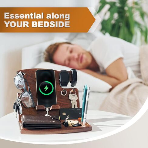 TESLYAR Wood Phone Docking Station Ash Hooks Key Holder Wallet Watch Stand Watch Organizer Men Husband Anniversary Dad Birthday Nightstand Purse Father Graduation Male Travel Gadgets in Kuwait