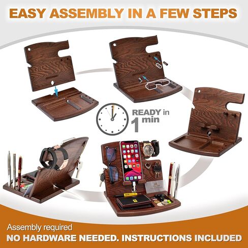 TESLYAR Wood Phone Docking Station Ash Hooks Key Holder Wallet Watch Stand Watch Organizer Men Husband Anniversary Dad Birthday Nightstand Purse Father Graduation Male Travel Gadgets in Kuwait