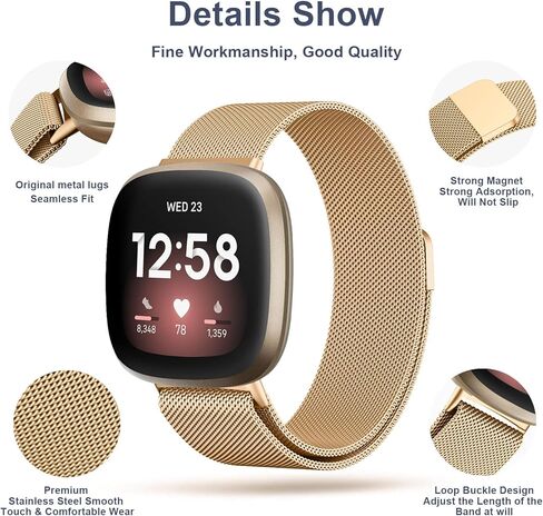 حزام معدني لـ Fitbit Versa 4 Bands/Fitbit Sense 2 Bands للنساء والرجال، سوار معصم مغناطيسي من الفولاذ المقاوم للصدأ سوار شبكي بديل لـ Fitbit Versa 4/Sense 2 in Kuwait