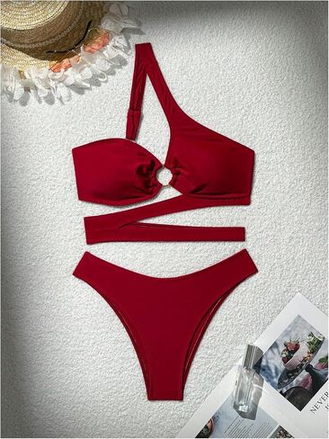 MakeMeChic Women's 2 Piece Bathing Suits Cut Out Ring Linked One Shoulder Bikini Sets Swimsuits in Saudi Arabia