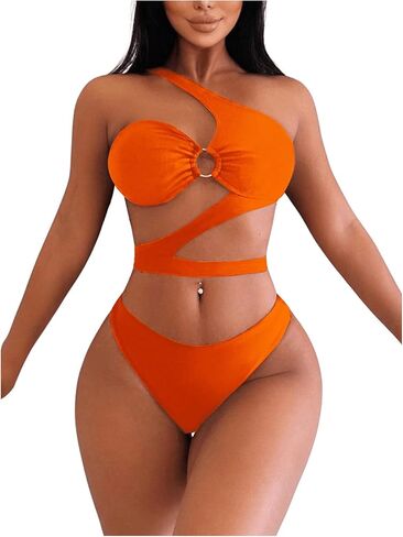 MakeMeChic Women's 2 Piece Bathing Suits Cut Out Ring Linked One Shoulder Bikini Sets Swimsuits in Saudi Arabia