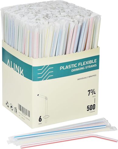 ALINK 500-Pack Striped Flexible Drinking Straws, Plastic Disposable Bendy Straws - 7.75" x 0.23" in Kuwait
