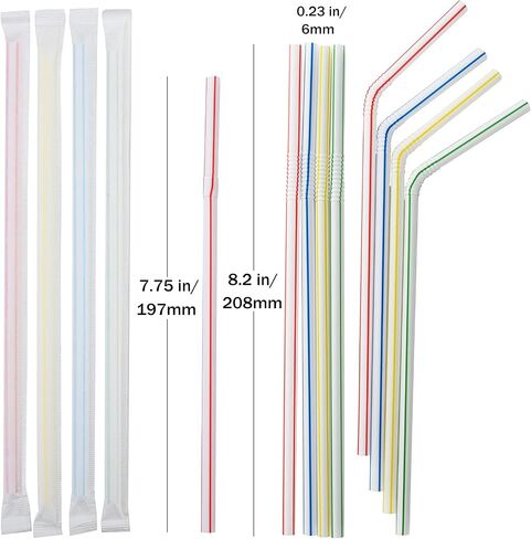 ALINK 500-Pack Striped Flexible Drinking Straws, Plastic Disposable Bendy Straws - 7.75" x 0.23" in Kuwait