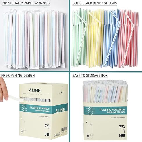 ALINK 500-Pack Striped Flexible Drinking Straws, Plastic Disposable Bendy Straws - 7.75" x 0.23" in Kuwait