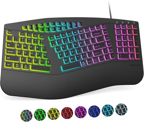 لوحة مفاتيح سلكية مريحة من MEETION، لوحة مفاتيح بإضاءة خلفية RGB بـ 7 ألوان، 4 سطوع قابل للتعديل ووضعين للإضاءة، لوحة مفاتيح USB مريحة وطبيعية مريحة لأجهزة الكمبيوتر المحمول التي تعمل بنظام Windows Mac، أسود in Kuwait