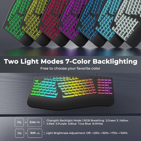 لوحة مفاتيح سلكية مريحة من MEETION، لوحة مفاتيح بإضاءة خلفية RGB بـ 7 ألوان، 4 سطوع قابل للتعديل ووضعين للإضاءة، لوحة مفاتيح USB مريحة وطبيعية مريحة لأجهزة الكمبيوتر المحمول التي تعمل بنظام Windows Mac، أسود in Kuwait