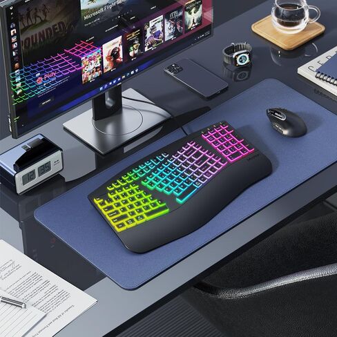 لوحة مفاتيح سلكية مريحة من MEETION، لوحة مفاتيح بإضاءة خلفية RGB بـ 7 ألوان، 4 سطوع قابل للتعديل ووضعين للإضاءة، لوحة مفاتيح USB مريحة وطبيعية مريحة لأجهزة الكمبيوتر المحمول التي تعمل بنظام Windows Mac، أسود in Kuwait