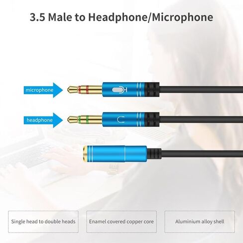 3.3 Feet Headphone Splitter Cable for Computer 3.5mm Female to 2 Dual 3.5mm Male Audio Splitter Cable Microphone Earphone Headset Speaker Audio Y Splitter Mic Cable to PC Laptop Adapter, Blue in Saudi Arabia