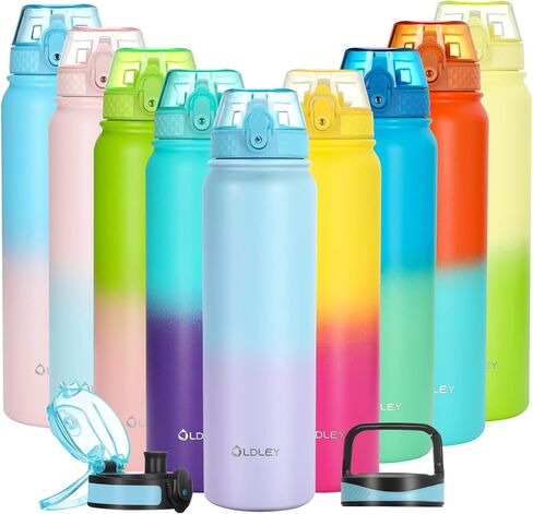 Oldley Insulated Water Bottle with Straw 32oz Stainless Steel Water Bottles with 3 lids Double-Wall Vacuum Thermal for Kids Adults School Sports,Pink-Blue in Saudi Arabia