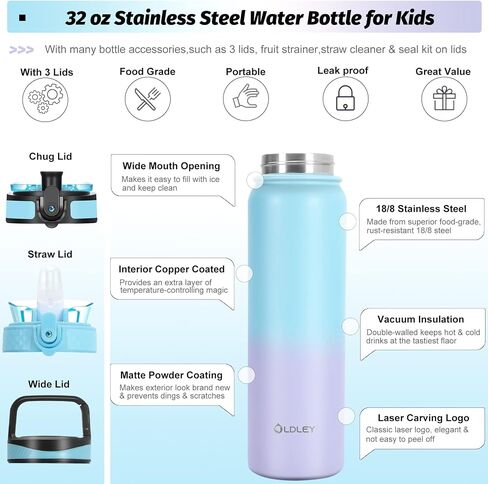 Oldley Insulated Water Bottle with Straw 32oz Stainless Steel Water Bottles with 3 lids Double-Wall Vacuum Thermal for Kids Adults School Sports,Pink-Blue in Saudi Arabia