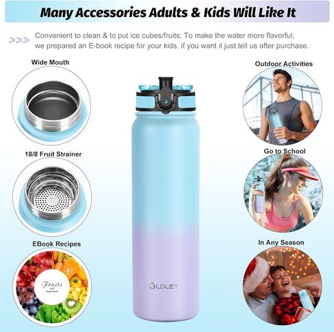 Oldley Insulated Water Bottle with Straw 32oz Stainless Steel Water Bottles with 3 lids Double-Wall Vacuum Thermal for Kids Adults School Sports,Pink-Blue in Saudi Arabia