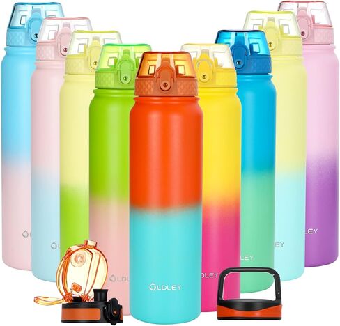 Oldley Insulated Water Bottle with Straw 32oz Stainless Steel Water Bottles with 3 lids Double-Wall Vacuum Thermal for Kids Adults School Sports,Pink-Blue in Saudi Arabia