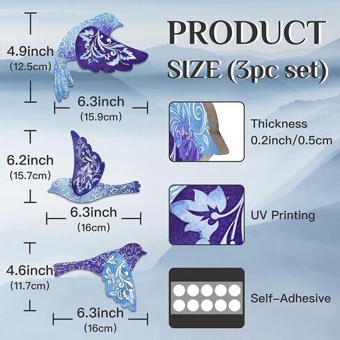 Putuo Decor 3pcs ديكور جدار الطائر الطنان، الخشب الطائر الطائر جدار الفن، ديكور الطيور السوداء للمنزل، ديكورات الطيور للمنزل، ديكور غرفة نوم قوطية لملصقات جدار الحيوانات المزرعة لمحبي الطيور in Kuwait