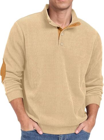 Men's Corduroy Sweatshirts,Casual Button Down Stand Collar long Sleeve Henley Pullover Sweatshirt in Saudi Arabia