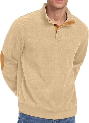 Men's Corduroy Sweatshirts,Casual Button Down Stand Collar long Sleeve Henley Pullover Sweatshirt in Saudi Arabia