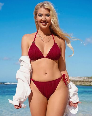 Charmo Womens Halter Bikini Sets String 2 Piece Textured Triangle Cheeky Swimsuit Tie Side Thong Bathing Suit in Saudi Arabia