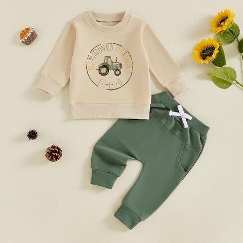 Toddler Boys Fall Outfits Farm Truck Letter Print Long Sleeve Crew Neck Sweatshirts Pocket Pants 2Pcs Clothes Set in Saudi Arabia