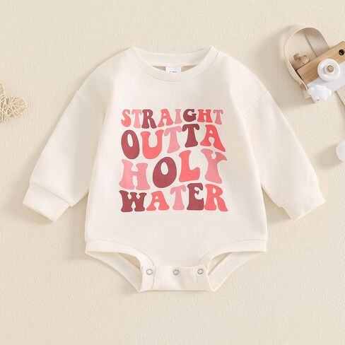 YOKJZJD Newborn Baby Girl Boy Baptism Outfits Straight Outta Holy Water Bubble Romper Sweatshirt Fall Christening Bodysuit in Saudi Arabia