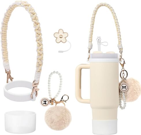 BELSITA Stanley Cup Accessories Set, Pom Pom Pearl Chain Braided Design Water Bottle Handle Strap, Silicone Stanley Cup Boot, Stanley Charms for Stanley Cup 30/40oz Tumble in Saudi Arabia