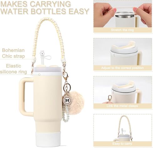 BELSITA Stanley Cup Accessories Set, Pom Pom Pearl Chain Braided Design Water Bottle Handle Strap, Silicone Stanley Cup Boot, Stanley Charms for Stanley Cup 30/40oz Tumble in Saudi Arabia