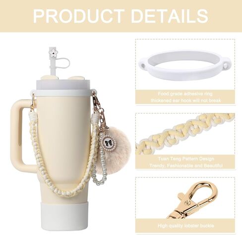 BELSITA Stanley Cup Accessories Set, Pom Pom Pearl Chain Braided Design Water Bottle Handle Strap, Silicone Stanley Cup Boot, Stanley Charms for Stanley Cup 30/40oz Tumble in Saudi Arabia