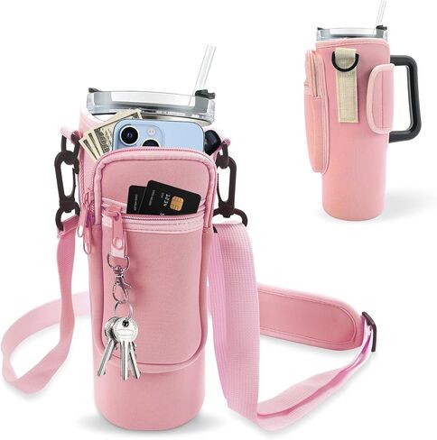 Water Bottle Carrier Bag with Phone Pocket for Stanley Cup 30/40 oz Tumbler Neoprene Water Cup Holder with Adjustable Shoulder Strap& Carabiner for Stanley Cup Accessories in Saudi Arabia