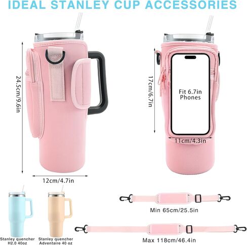 Water Bottle Carrier Bag with Phone Pocket for Stanley Cup 30/40 oz Tumbler Neoprene Water Cup Holder with Adjustable Shoulder Strap& Carabiner for Stanley Cup Accessories in Saudi Arabia