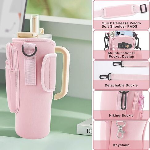 Water Bottle Carrier Bag with Phone Pocket for Stanley Cup 30/40 oz Tumbler Neoprene Water Cup Holder with Adjustable Shoulder Strap& Carabiner for Stanley Cup Accessories in Saudi Arabia