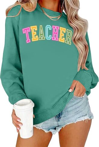PECHAR Teacher Sweatshirt for Women: Colorful Teacher Crewneck Sweatshirt Teach Long Sleeve Pullover Shirt Tops in Kuwait