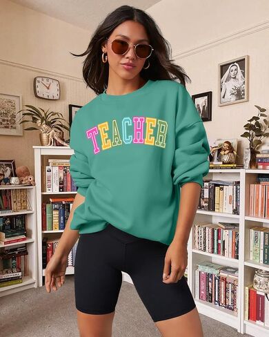 PECHAR Teacher Sweatshirt for Women: Colorful Teacher Crewneck Sweatshirt Teach Long Sleeve Pullover Shirt Tops in Kuwait