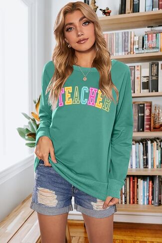 PECHAR Teacher Sweatshirt for Women: Colorful Teacher Crewneck Sweatshirt Teach Long Sleeve Pullover Shirt Tops in Kuwait