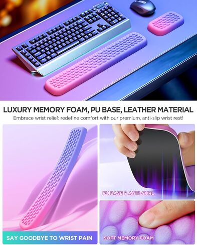 Lekvey Keyboard Wrist Rest, Silky Memory Foam Wrist Rest for Computer Keyboard, Mouse, Ergonomic Massage Design for Typing Pain Relief, Desk Pads Support Hand and Arm, Stain Resistant, Pink Purple in Saudi Arabia