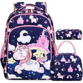 Kimwadalh Girls Backpack with Lunch Box Pencil Case for Elementary School, 3 in 1 Schoolbag with Chest Strap for School Girls